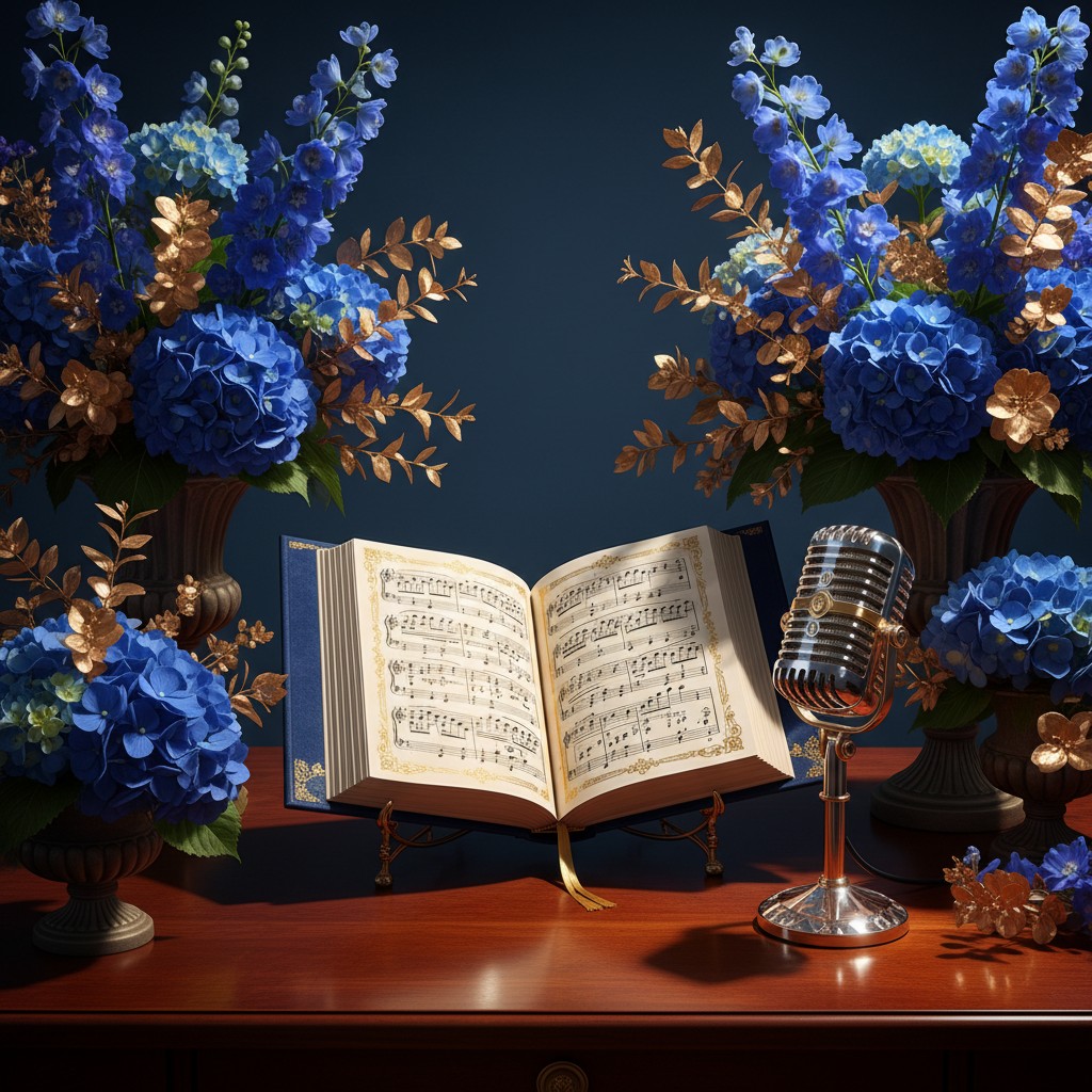 This image depicts an elegant setting featuring a book of sheet music, a silver microphone, and a gold design with blue hy...