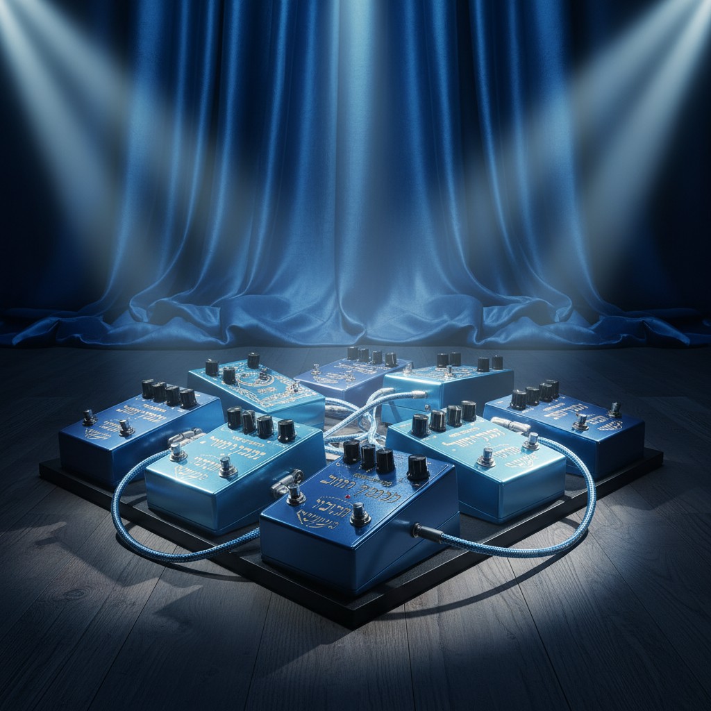 A dark room with a spotlight shining on a collection of blue guitar pedals arranged in a furniture-like design, connected ...
