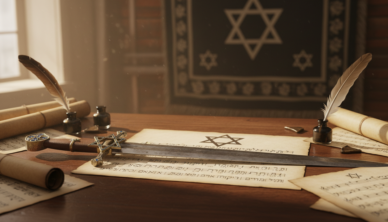 A sword placed on a song sheet on a table, with the Jewish Star of David incorporated, but without a menorah. No Bible present.