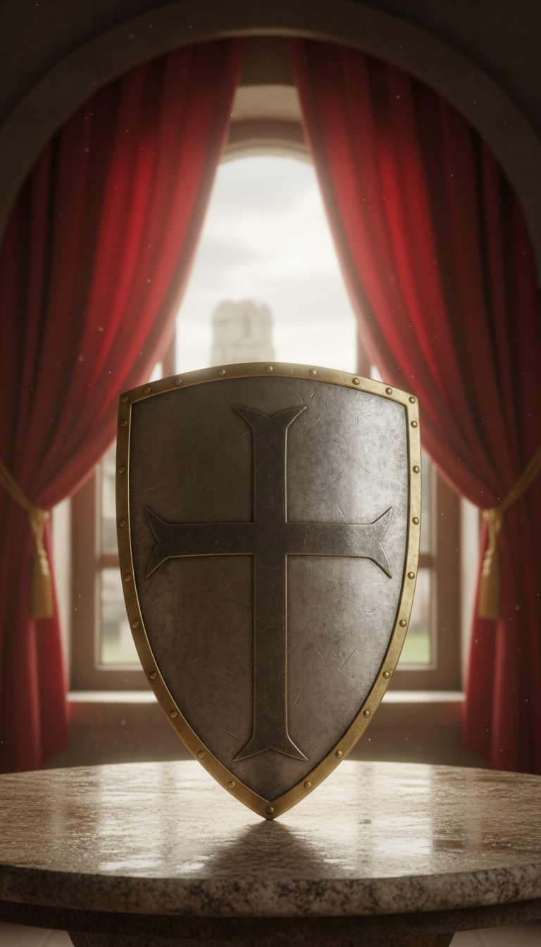 A realistic photograph of a knight shield with a cross (no animal) upon a granite table. In the background, there's a window with a scarlet red curtain draped over it. The overall style should look like a photo, not a painting.