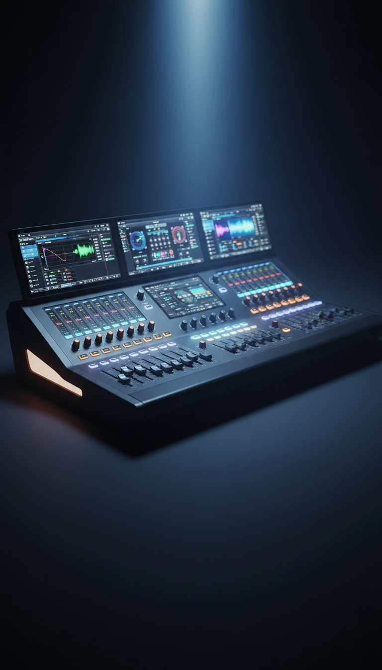 A professional, realistic photo of a modern music production console with controls, sliders, and screens. Leave empty space on the right side for a logo.