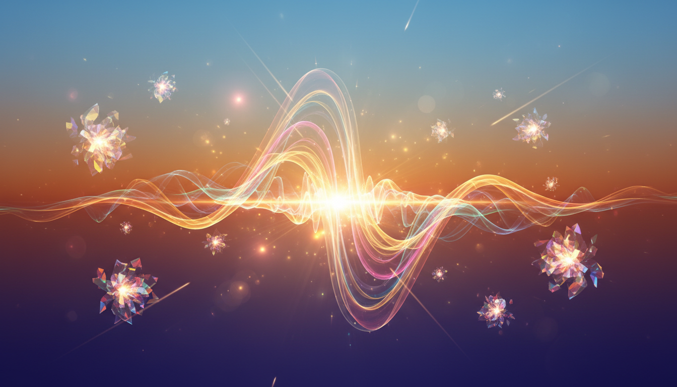 Generate a new, original home landing page image for a music site. The image should be visually engaging, inspiring, and represent uplifting prophetic music, but with no repeated elements from previous site images. Convey a modern, welcoming atmosphere, using rich lighting and lively color. No literal instruments or direct religious symbols. Focus on abstract, creative music energy.