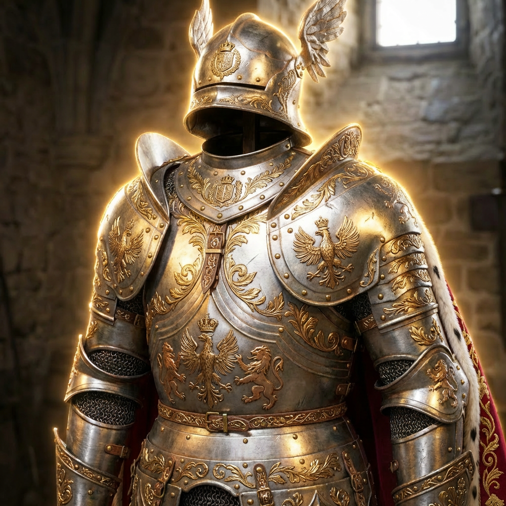 Polished steel plate armor with dragon and lion engravings and a winged helmet.