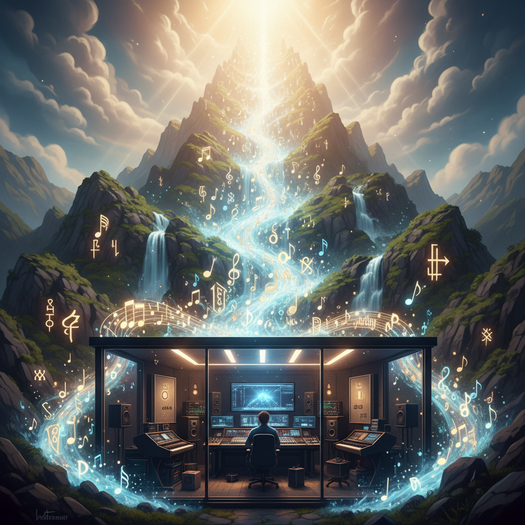 A serene yet powerful scene of music production where glowing musical notes and handwritten messages flow like water down a mountainside stream from a radiant heavenly sky above, cascading toward a studio space below. The style should feel spiritual and inspiring, with soft light beams, subtle clouds, and a modern, slightly cinematic illustration look.