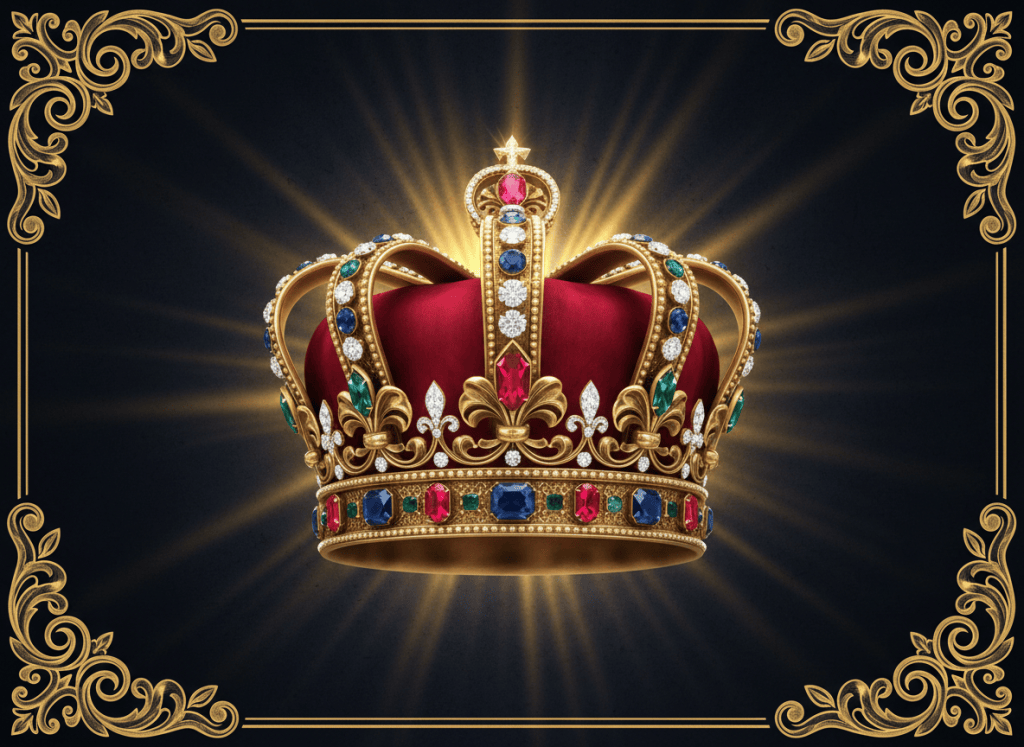 A majestic royal king's crown centered on a deep navy and black background, ornate with glittering gold jewels, rubies, and sapphires. Dramatic golden light radiates from behind the crown. Rich gold filigree borders frame the edges. Luxurious, regal, and dramatic atmosphere. Professional advertisement style. No text.