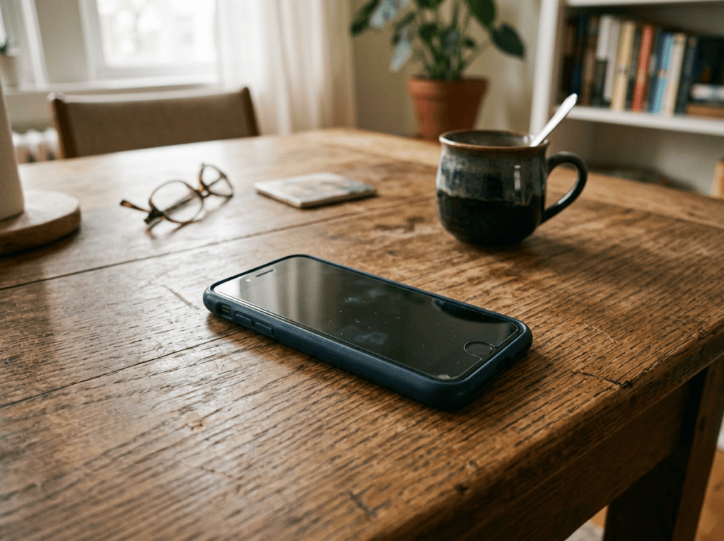 Smartphone on a wooden table beside coffee, glasses, and notebook